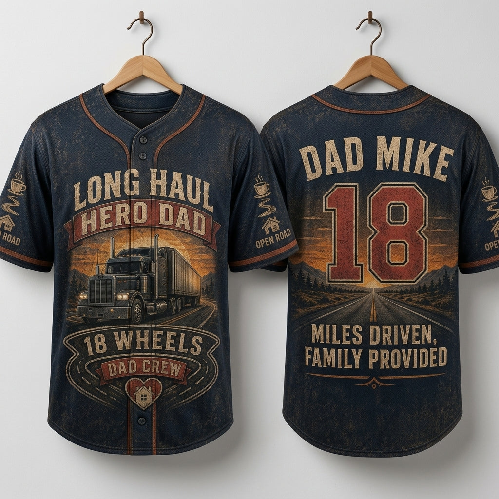 Personalized Long Haul Hero Dad Baseball Jersey - Custom Name and Number Trucker Gift