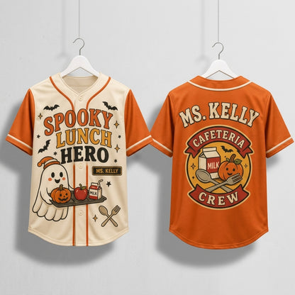 Personalized Spooky Lunch Hero Baseball Jersey - Custom Name Cafeteria Crew Halloween Ghost Shirt