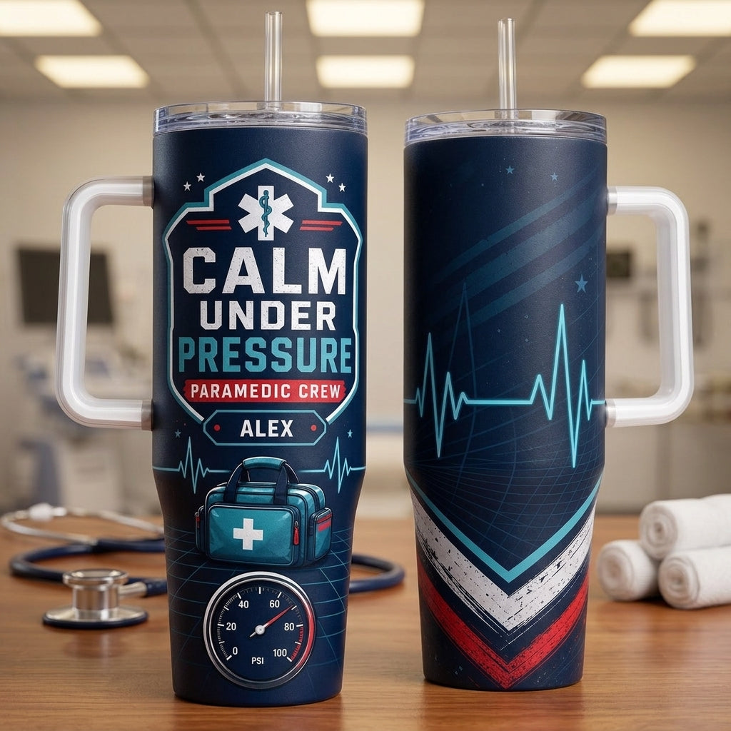 Personalized Paramedic Calm Under Pressure 40oz Tumbler with Handle, Custom Name EMS First Responder Gift