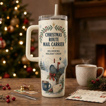 Personalized Christmas Route Mail Carrier 40oz Tumbler with Handle, Custom Name Postal Worker Gift