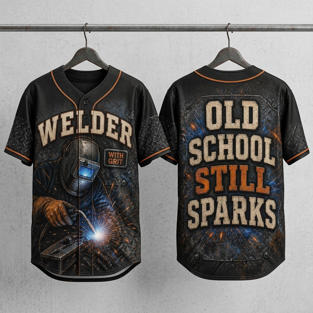 Personalized Old School Welder Still Sparks Baseball Jersey - Industrial Grit Custom Welding Gift
