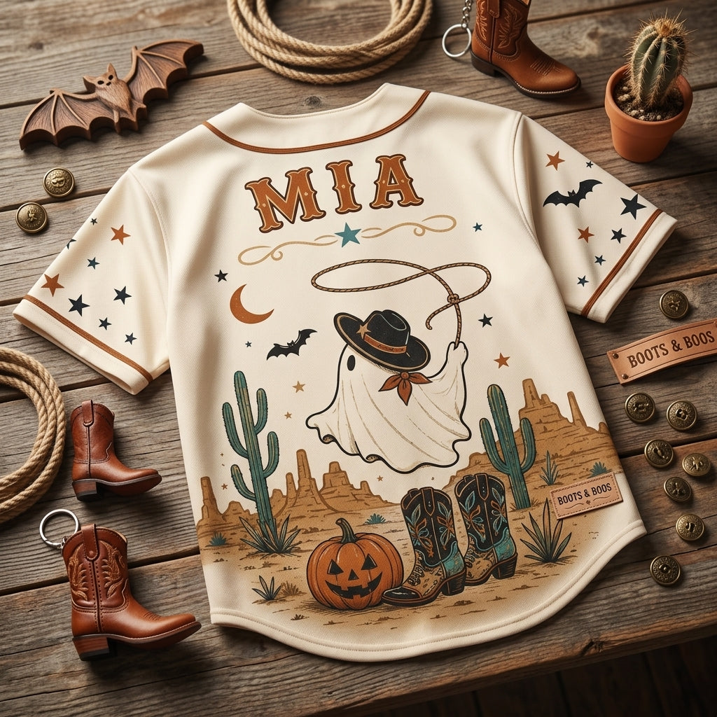 Personalized Halloween Cowgirl Ghost Baseball Jersey - Custom Name Boots & Boos Western Ghouls Costume