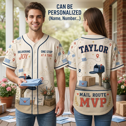 Personalized Mail Route MVP Baseball Jersey - Custom Name Postal Worker Gift, Delivering Joy All-Over Print Jersey
