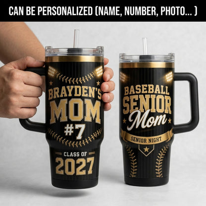 Personalized Baseball Senior Mom 40oz Tumbler with Handle - Custom Player Name & Number Senior Night Gift