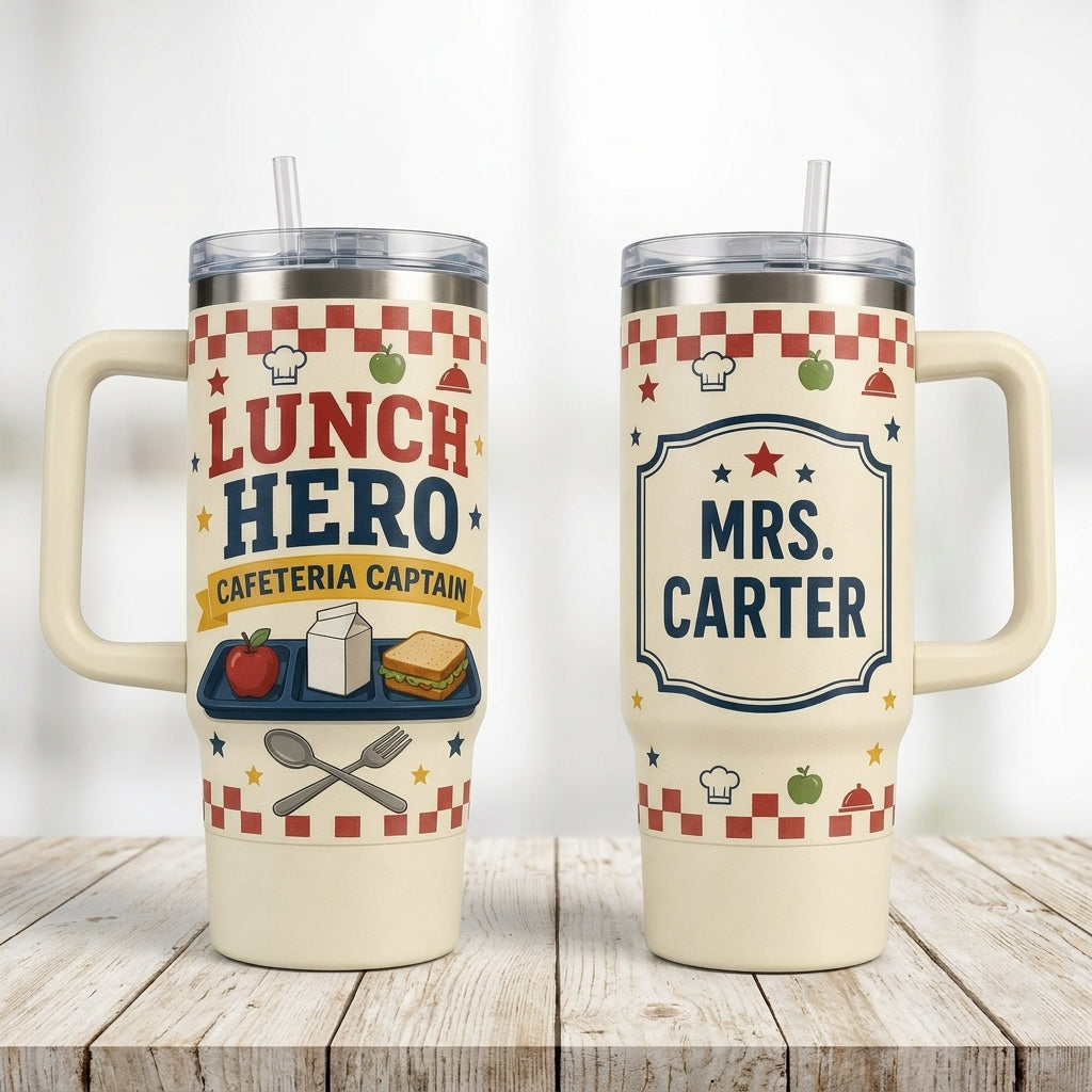 Personalized Lunch Hero 40oz Tumbler with Handle - Custom Name Cafeteria Captain Gift product view 2