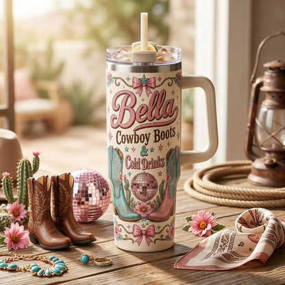 Personalized Western Girly Rodeo Babe 40oz Tumbler with Handle - Custom Cowboy Boots and Disco Ball Design