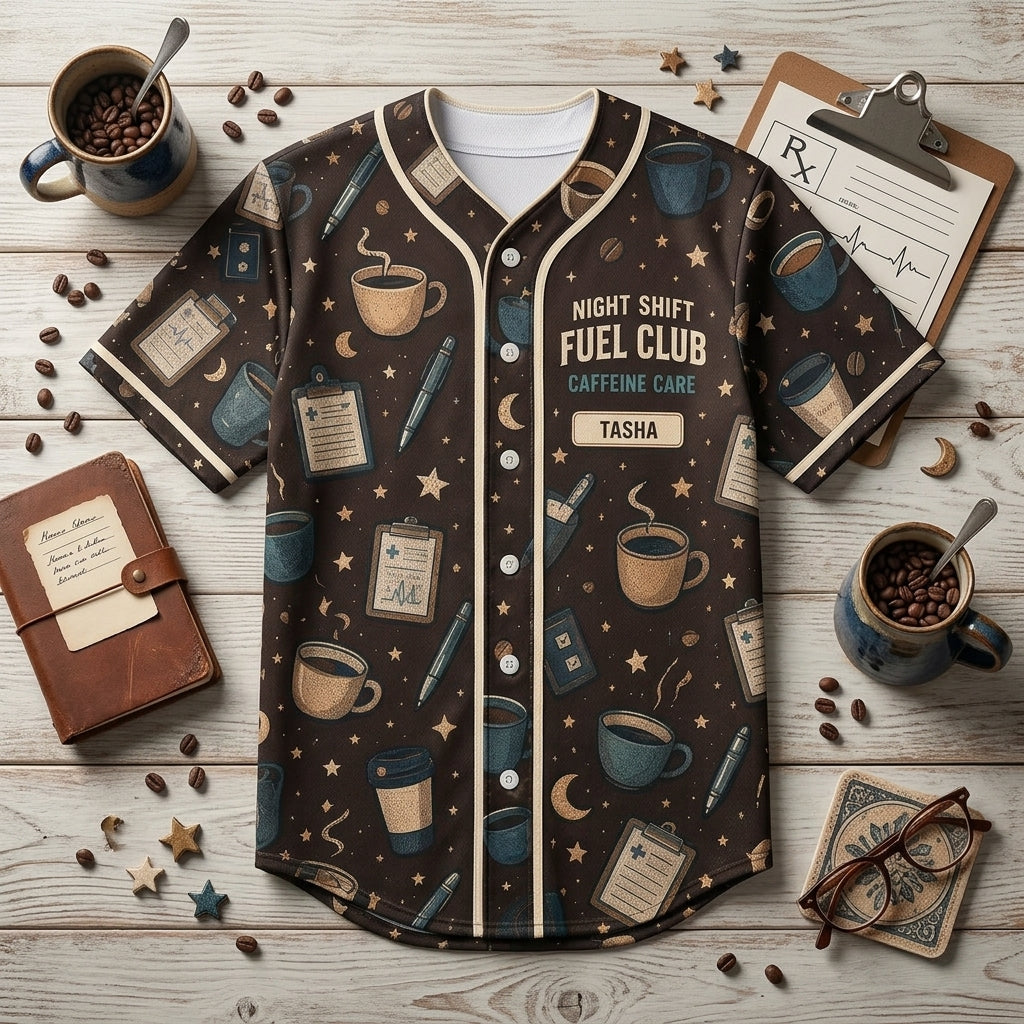 Personalized Night Shift Fuel Club Baseball Jersey - Custom Nurse Coffee & Charting Medical Gift