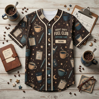 Personalized Night Shift Fuel Club Baseball Jersey - Custom Nurse Coffee & Charting Medical Gift