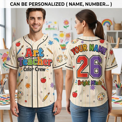 Personalized Art Teacher Color Crew Baseball Jersey - Custom Name and Number School Gift