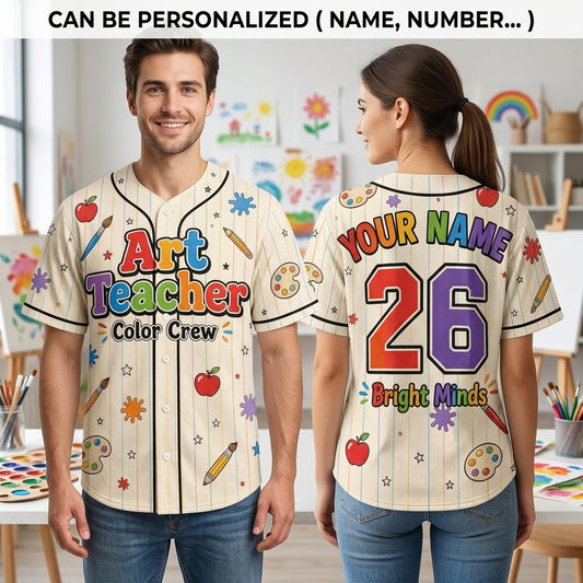 Personalized Art Teacher Color Crew Baseball Jersey - Custom Name and Number School Gift