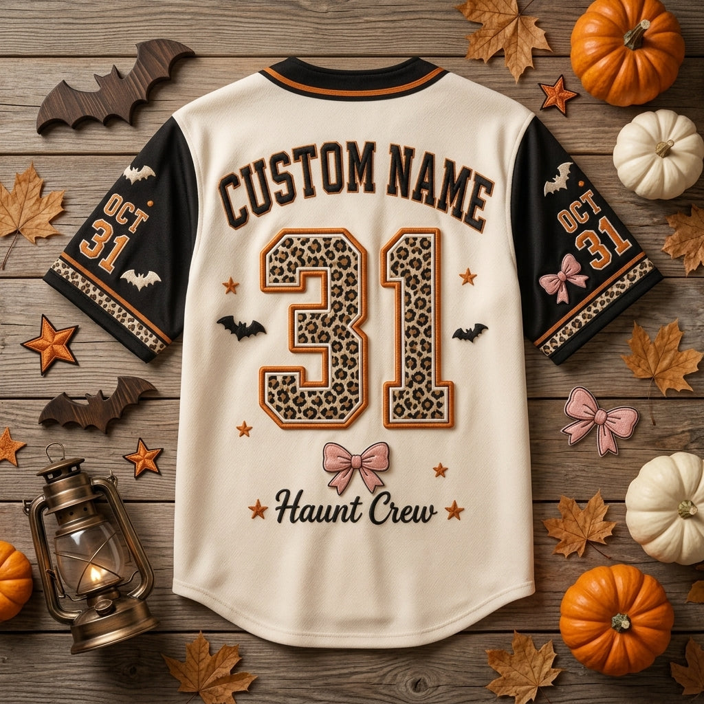 Personalized Spooky Season Halloween Baseball Jersey - Custom Name Leopard Print Ghost Haunt Crew Button Down