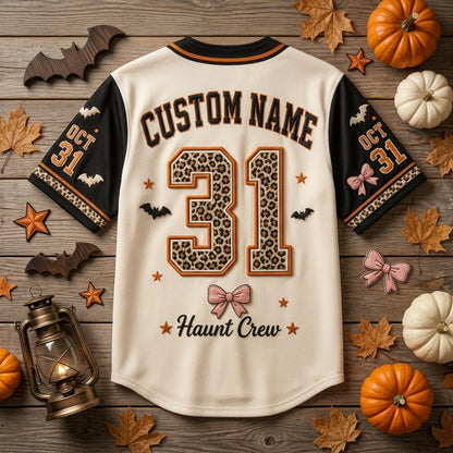 Personalized Spooky Season Halloween Baseball Jersey - Custom Name Leopard Print Ghost Haunt Crew Button Down