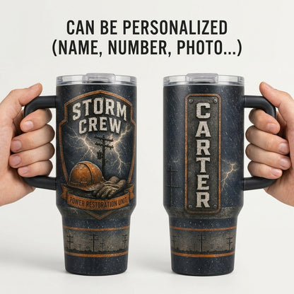 Personalized Storm Crew Lineman 40oz Tumbler with Handle, Custom Name Power Restoration Unit Gift