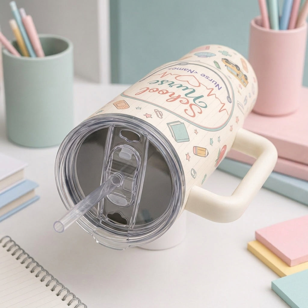 Personalized School Nurse 40oz Tumbler with Handle, Custom Name Medical Doodle Travel Mug Gift