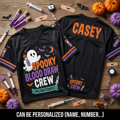 Personalized Spooky Blood Draw Crew Football Jersey - Custom Name Phlebotomist Halloween Mesh Shirt