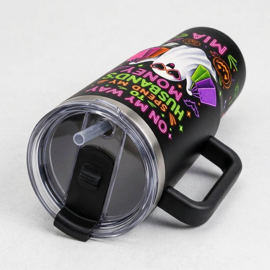 Personalized Neon Ghost 40oz Tumbler with Handle - Custom Name Shopping Wife Gift - On My Way To Spend My Husband's Money Halloween Cup