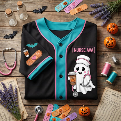 Personalized Spooky Nurse Baseball Jersey - Custom Name & Number Halloween Shirt - Here for the Boos and Bandages