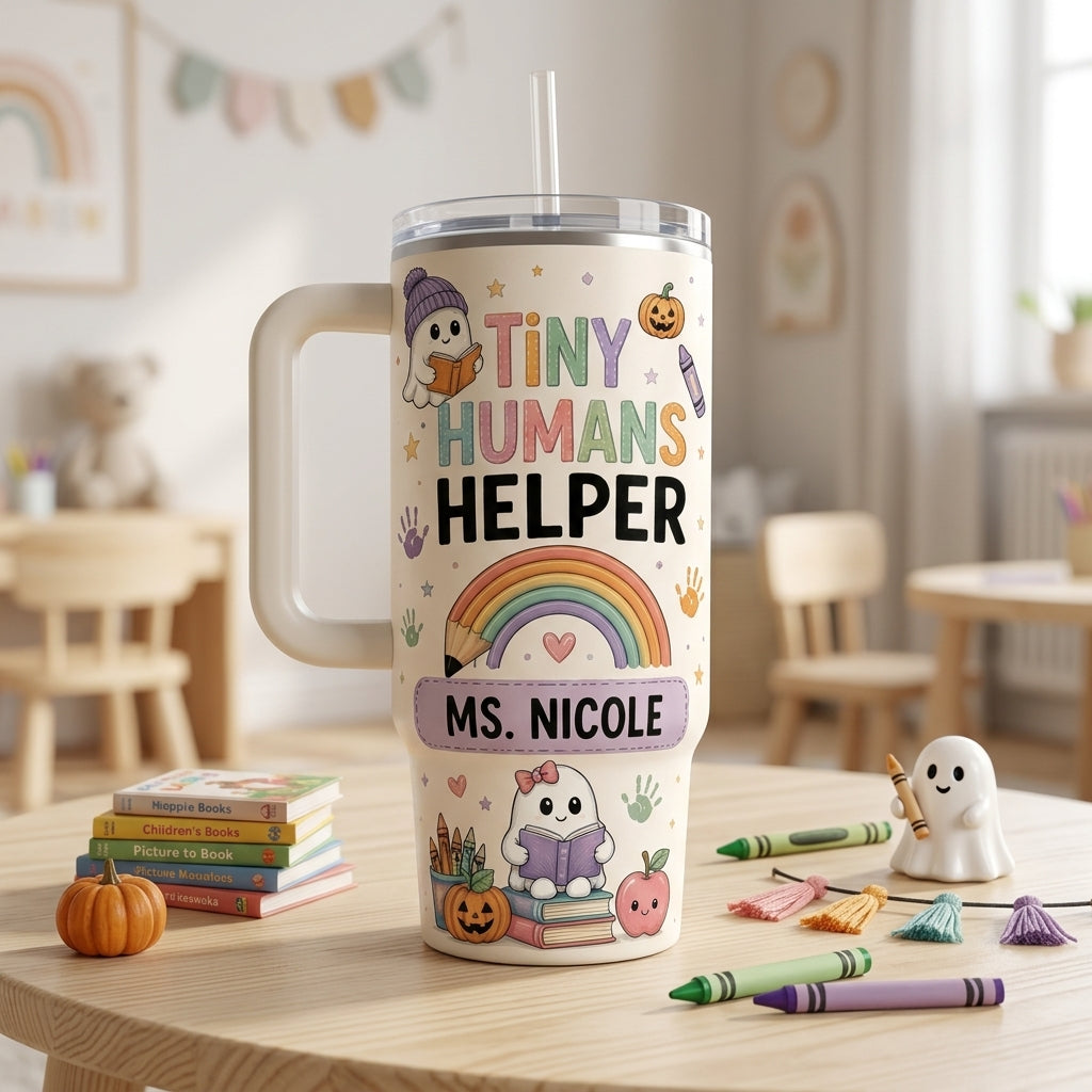 Personalized Tiny Humans Helper 40oz Tumbler with Handle, Spooky Little Learners Halloween Teacher Gift