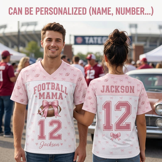 Personalized Football Mama Mesh Jersey - Custom Name and Number Coquette Pink Bow Sports Shirt