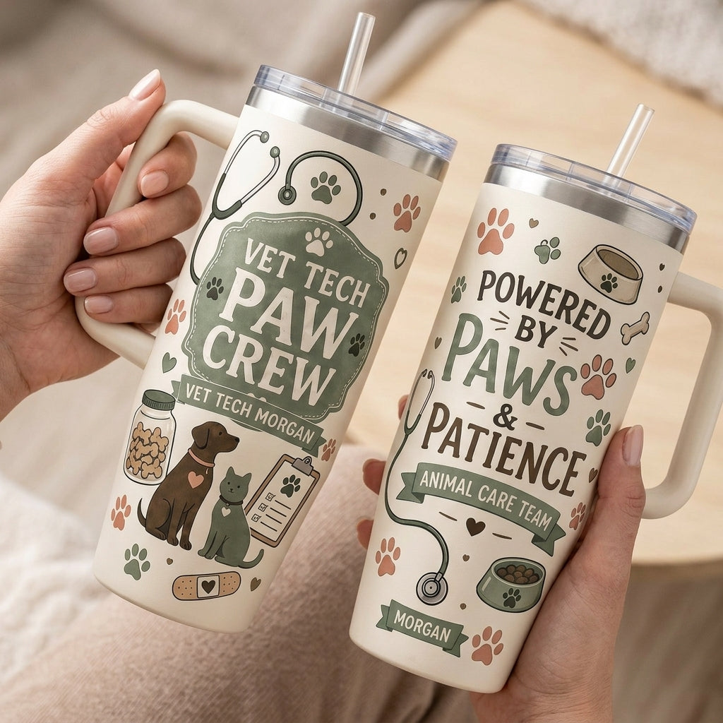 Personalized Vet Tech Paw Crew 40oz Tumbler with Handle - Custom Name Veterinary Gift for Animal Care Team