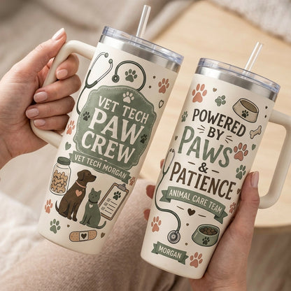 Personalized Vet Tech Paw Crew 40oz Tumbler with Handle - Custom Name Veterinary Gift for Animal Care Team