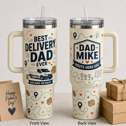 Personalized Best Delivery Dad Ever 40oz Tumbler with Handle - Custom Name Route Hero Gift