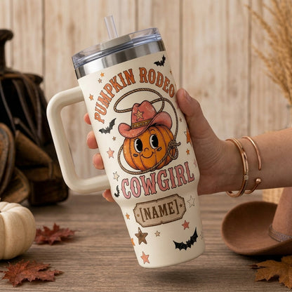 Personalized Pumpkin Rodeo Cowgirl 40oz Tumbler with Handle - Custom Name Western Halloween Gift