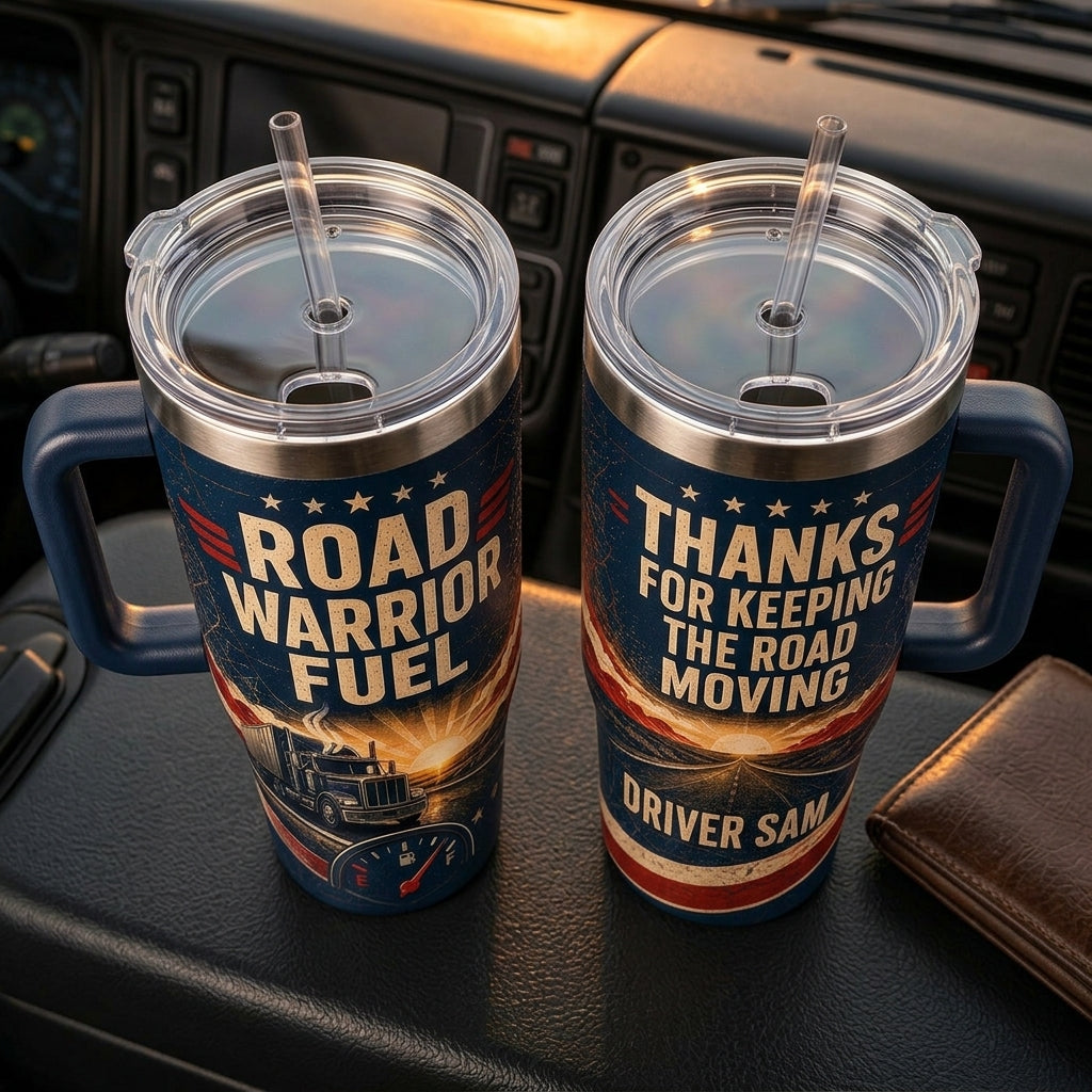 Personalized Trucker 40oz Tumbler with Handle - Road Warrior Fuel Custom Name Gift