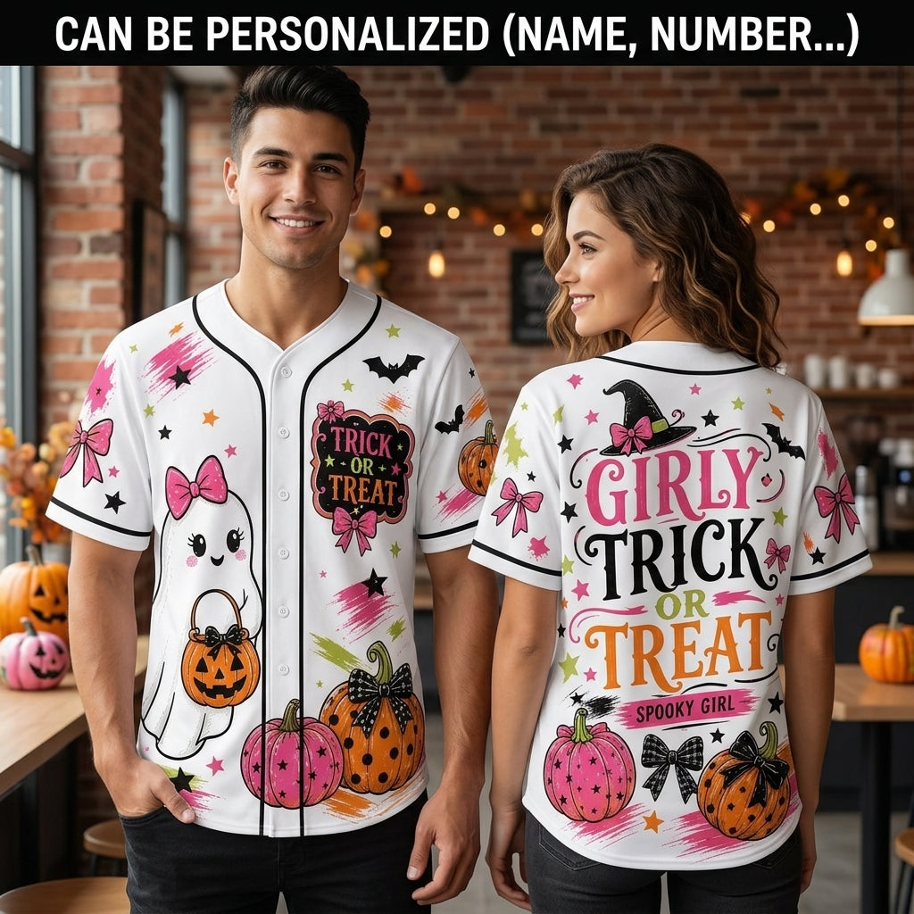 Personalized Girly Trick or Treat Halloween Baseball Jersey - Cute Ghost & Pink Pumpkin Spooky Girl Button Up
