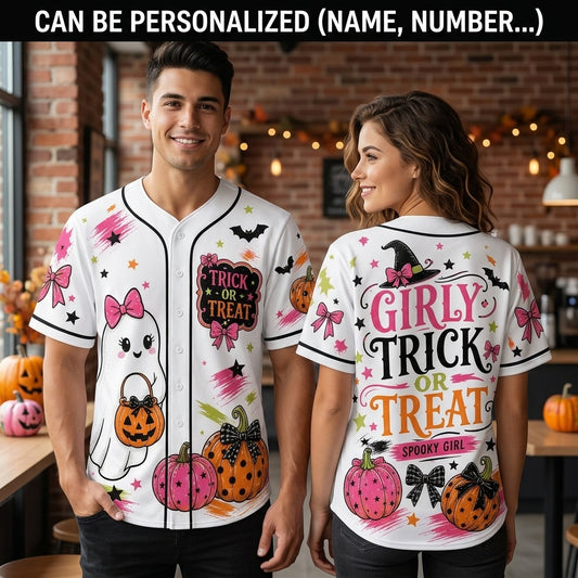 Personalized Girly Trick or Treat Halloween Baseball Jersey - Cute Ghost & Pink Pumpkin Spooky Girl Button Up
