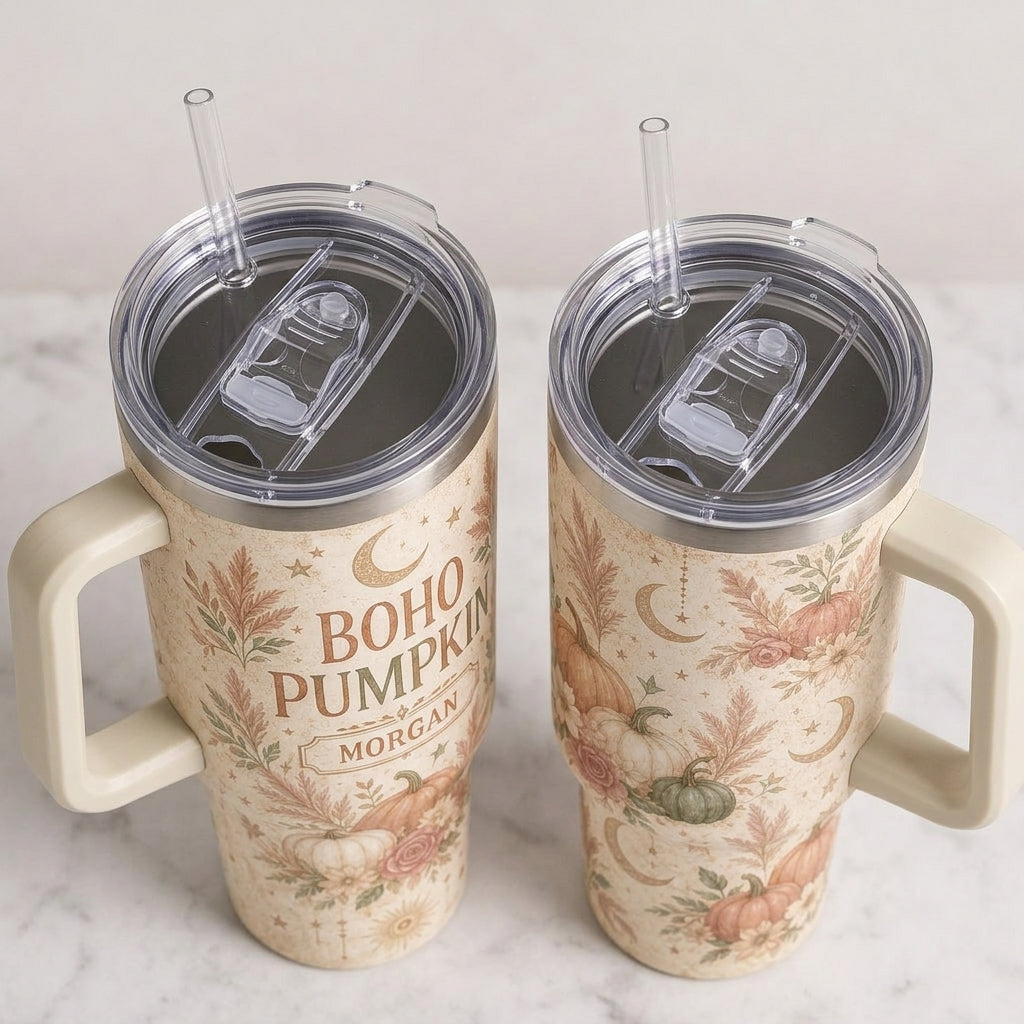 Personalized Boho Pumpkin 40oz Tumbler with Handle - Custom Fall Floral Name Cup