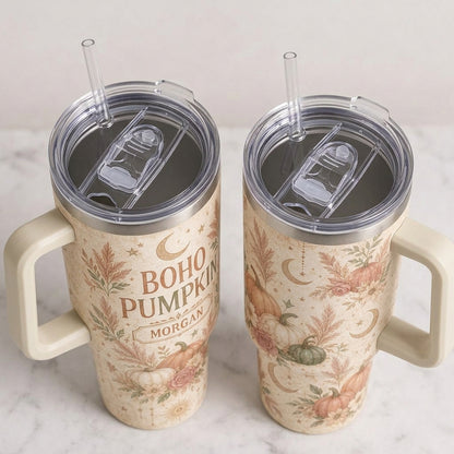 Personalized Boho Pumpkin 40oz Tumbler with Handle - Custom Fall Floral Name Cup