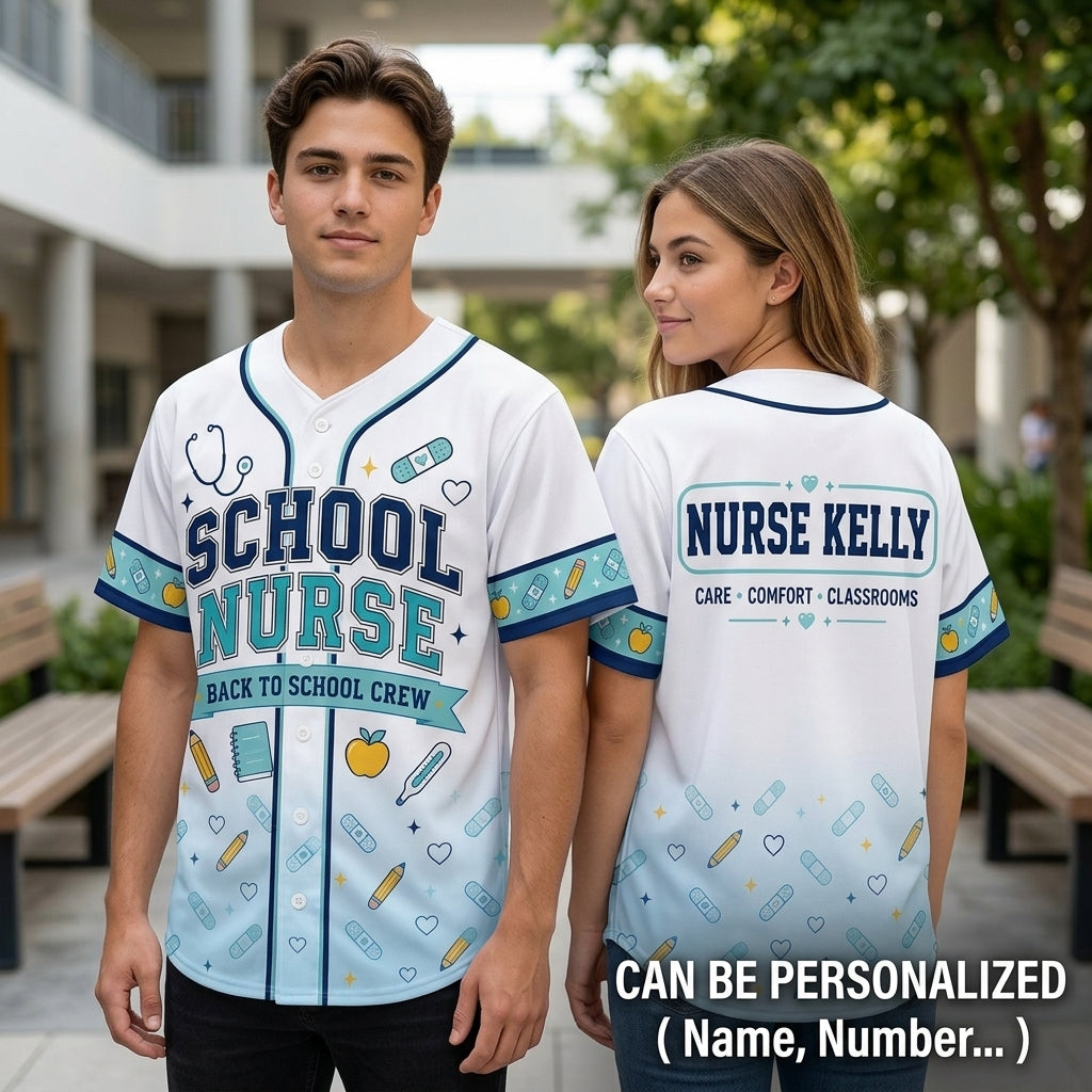 Personalized School Nurse Baseball Jersey - Custom Name Back to School Crew Athletic Shirt
