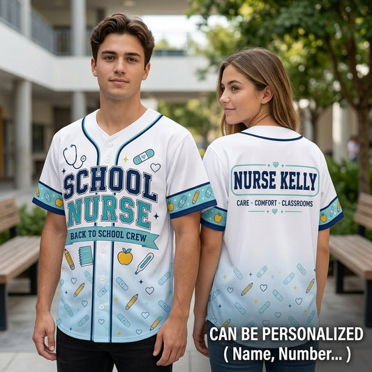 Personalized School Nurse Baseball Jersey - Custom Name Back to School Crew Athletic Shirt