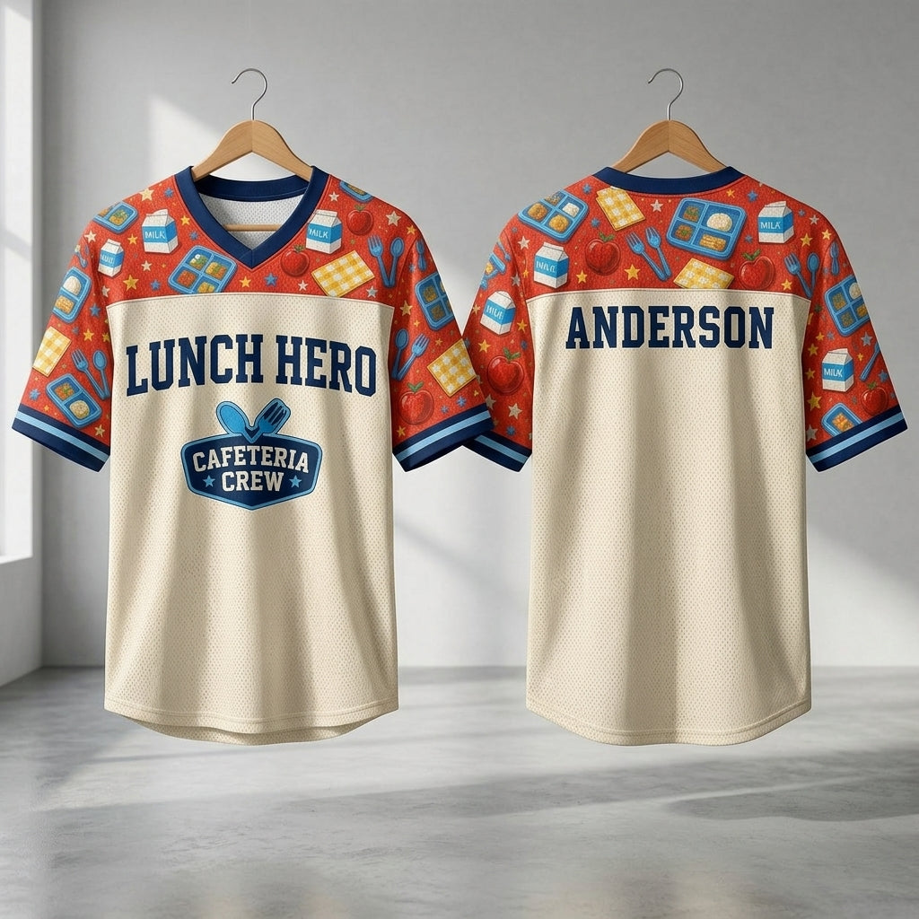 Personalized Lunch Hero Cafeteria Crew Football Jersey - Custom Name School Staff Appreciation Gift - football jersey product view 3