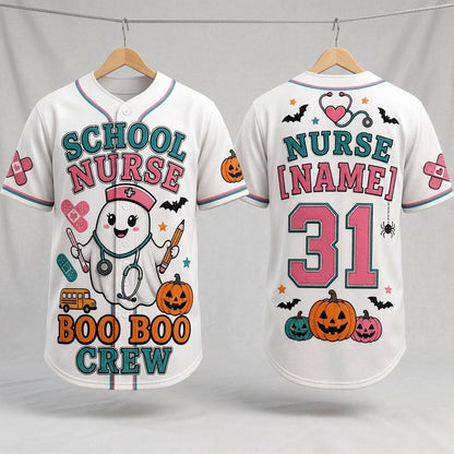 Personalized School Nurse Halloween Baseball Jersey - Custom Boo Boo Crew Ghost Medical Outfit Gift product view 3