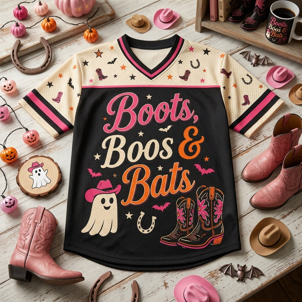 Personalized Boots Boos & Bats Halloween Football Jersey - Custom Name & Number Cowgirl Ghost Western Shirt