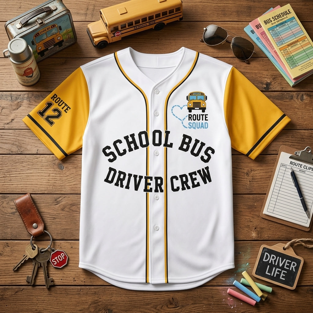 Personalized School Bus Driver Crew Baseball Jersey - Custom Name & Route Number Gift - Yellow & White Athletic Jersey