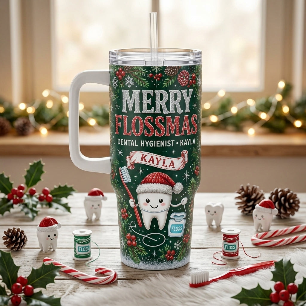 Personalized Merry Flossmas 40oz Tumbler with Handle, Custom Name Dental Hygienist Gift, Christmas Dentist Mug
