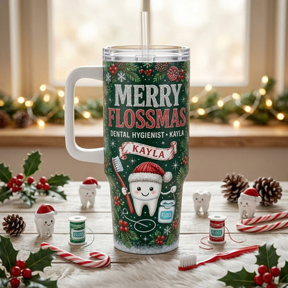 Personalized Merry Flossmas 40oz Tumbler with Handle, Custom Name Dental Hygienist Gift, Christmas Dentist Mug
