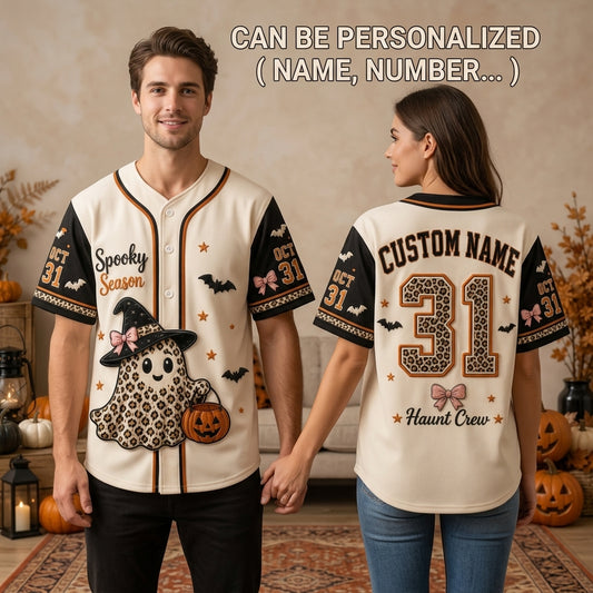 Personalized Spooky Season Halloween Baseball Jersey - Custom Name Leopard Print Ghost Haunt Crew Button Down