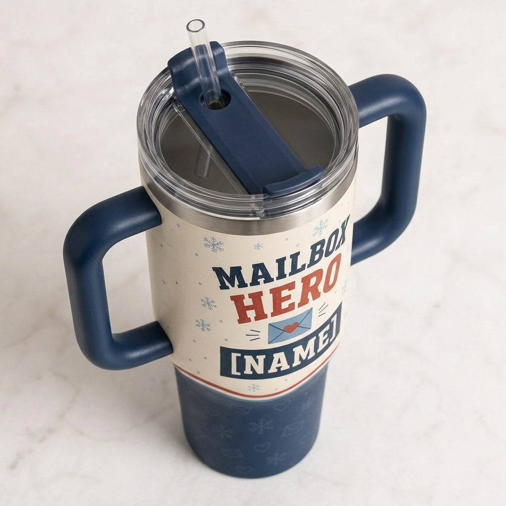 Personalized Mailbox Hero 40oz Tumbler with Handle - Custom Name Gift for Mail Carrier & Postal Worker - 40oz tumbler mockup 5