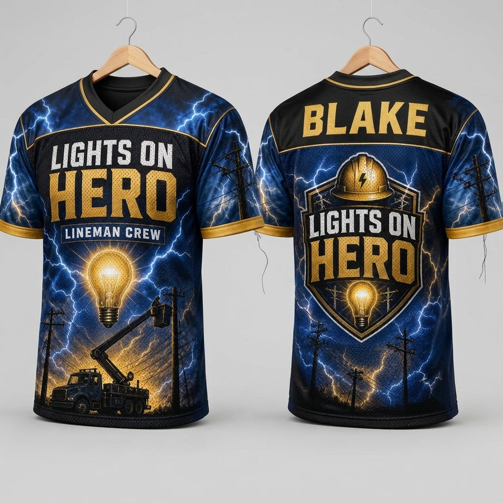 Personalized Lights On Hero Lineman Crew Football Jersey - Custom Name Electrician Gift