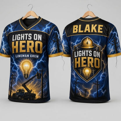 Personalized Lights On Hero Lineman Crew Football Jersey - Custom Name Electrician Gift