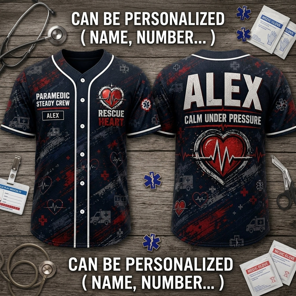 Personalized Paramedic Steady Crew Baseball Jersey - Custom Name First Responder Gift - Rescue Heart Uniform