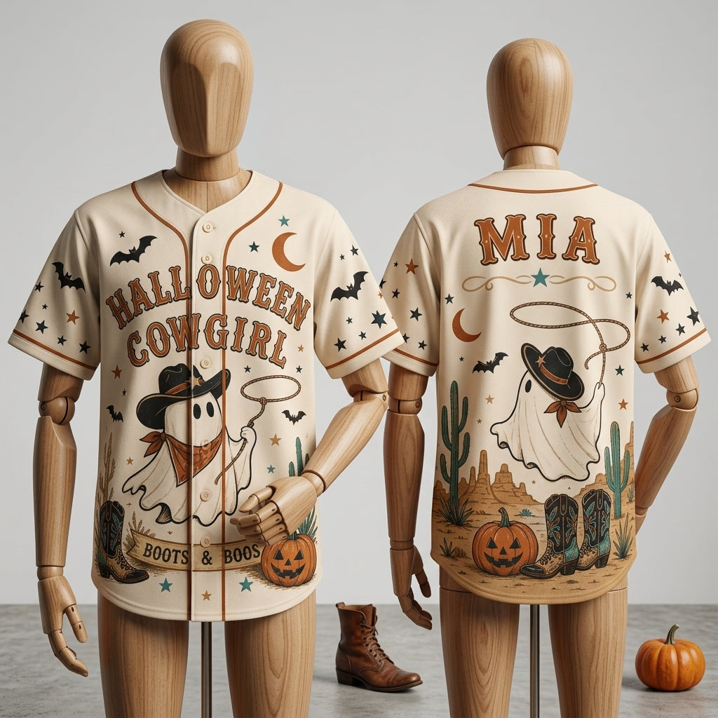Personalized Halloween Cowgirl Ghost Baseball Jersey - Custom Name Boots & Boos Western Ghouls Costume