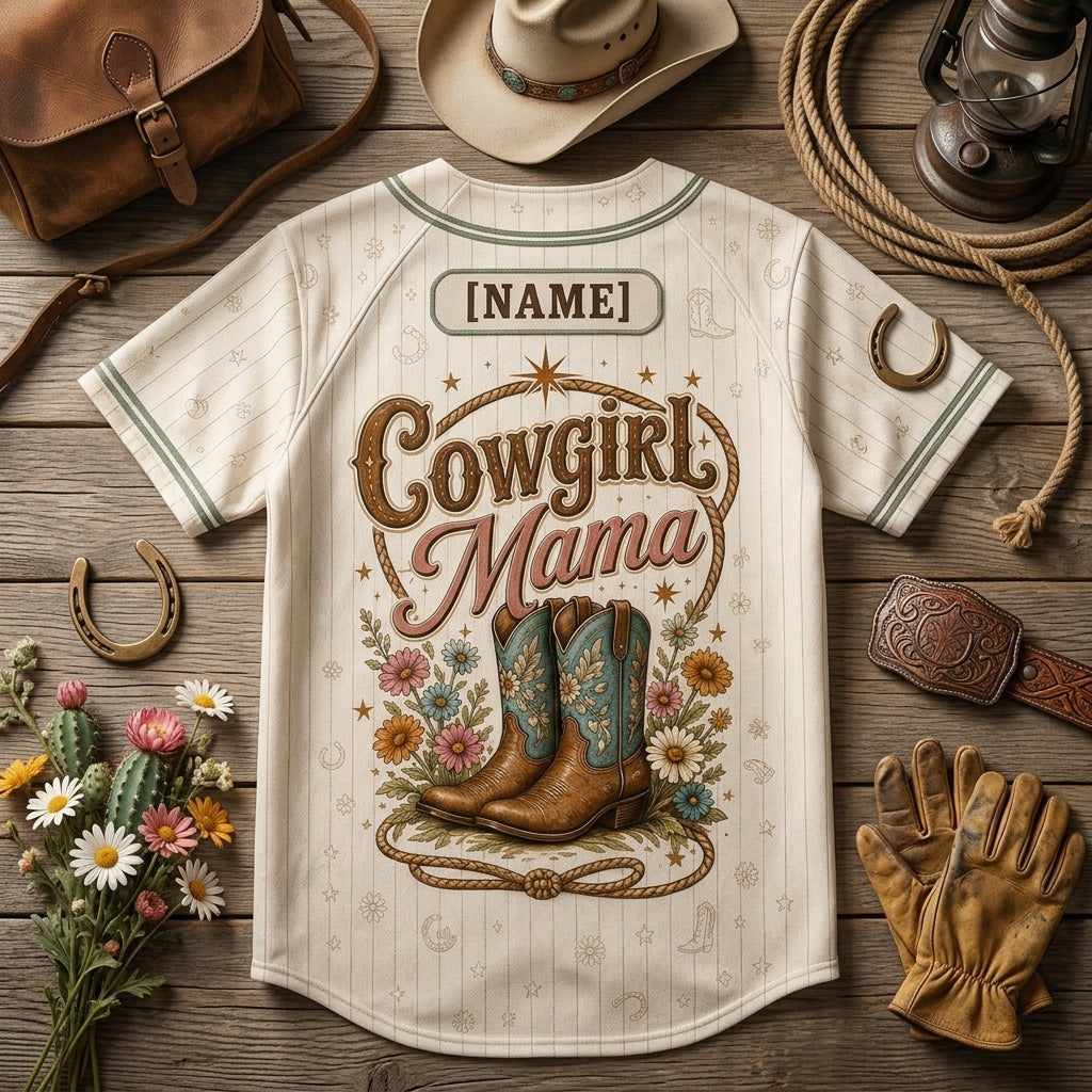 Personalized Cowgirl Mama Baseball Jersey - Custom Name Western Mom Shirt with Floral Boots