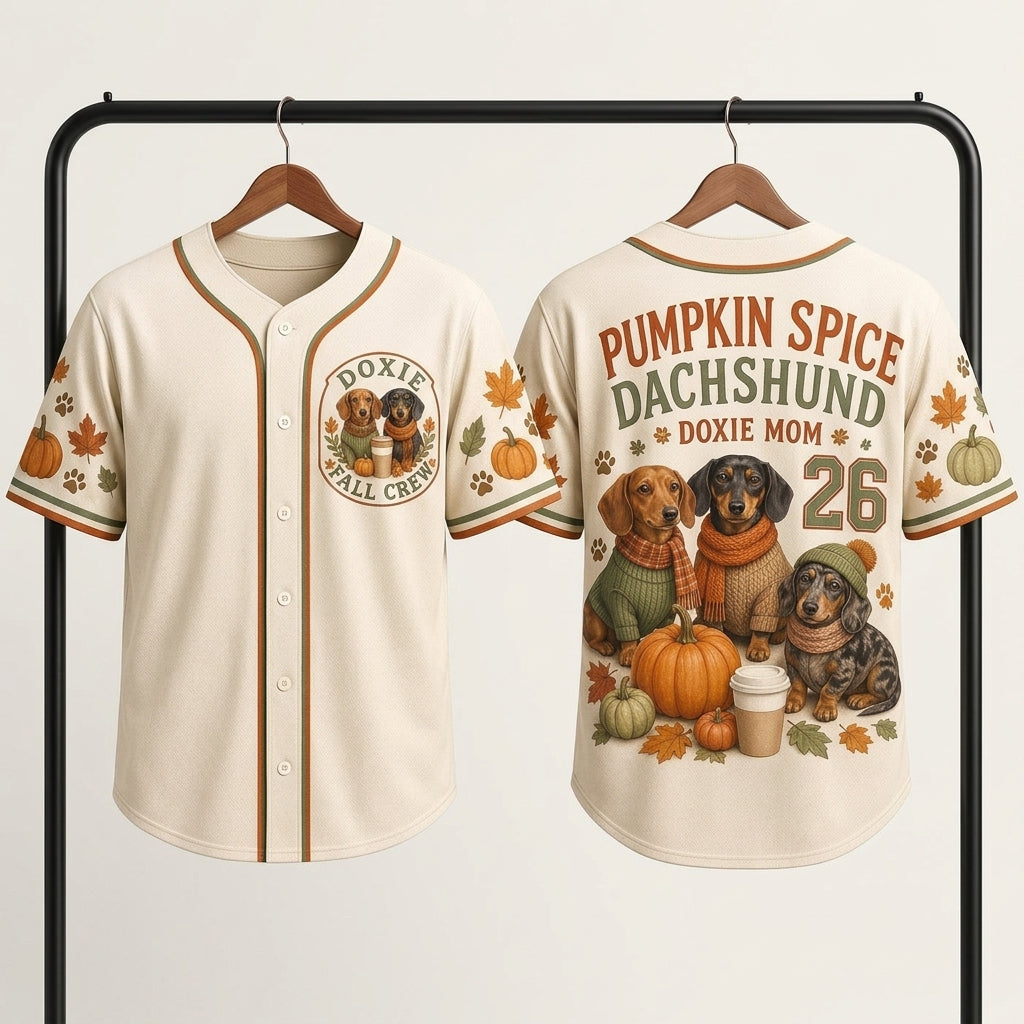 Personalized Pumpkin Spice Dachshund Baseball Jersey - Custom Doxie Mom Fall Crew Shirt