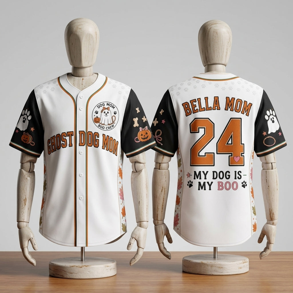 Personalized Ghost Dog Mom Halloween Baseball Jersey - Custom Name & Number My Dog Is My Boo Shirt