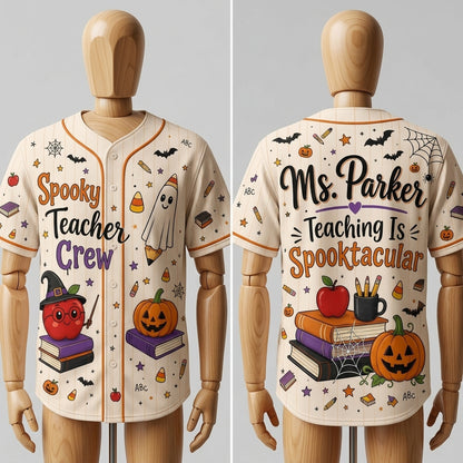 Personalized Spooky Teacher Crew Baseball Jersey - Custom Name Halloween Teaching Is Spooktacular